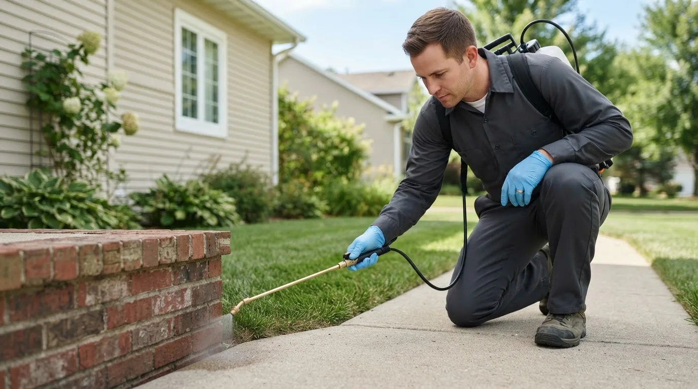 Pest control technician treating a home near Andover, SD